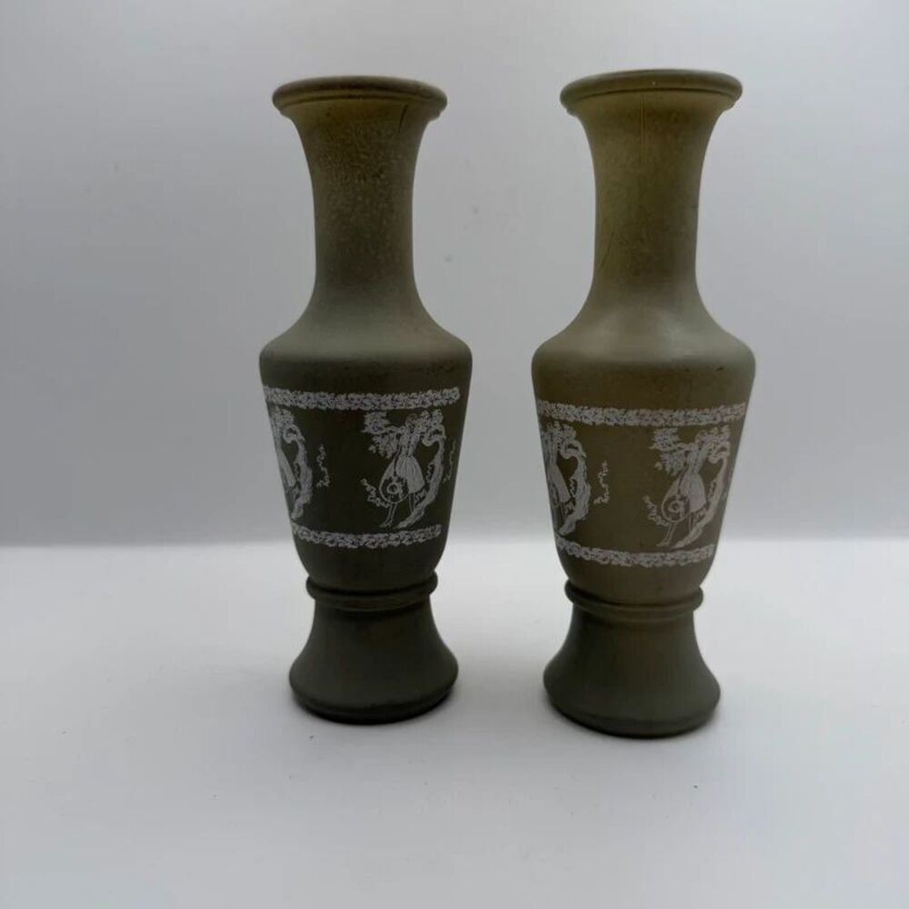 Vintage Avon Jasperware Sage Green Frosted Glass Bud Vases Pair